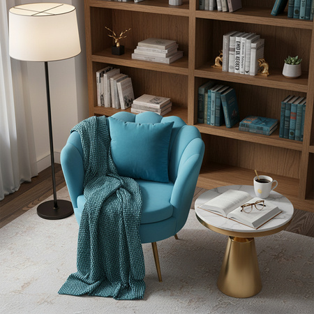 FOTEL KRZESŁO MUSZELKA WELUROWY TAPICEROWANY SAVA TURKUSOWY NOGI ZŁOTE