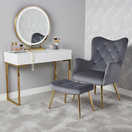 KRZESŁO FOTEL WELUROWY TAPICEROWANY Z PODNÓŻKIEM MARS CIEMNOSZARY NOGI ZŁOTE