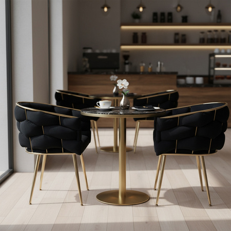 FOTEL KRZESŁO PLECIONE WELUROWE TAPICEROWANE BORNEO GLAMOUR CZARNY NOGI ZŁOTE