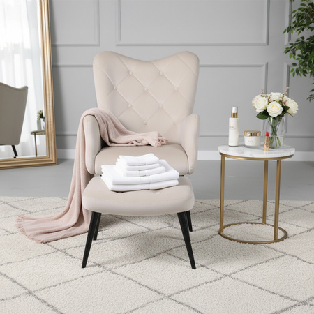 KRZESŁO FOTEL WELUROWY TAPICEROWANY Z PODNÓŻKIEM MARS ECRU NOGI CZARNE