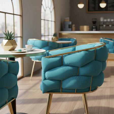 FOTEL KRZESŁO PLECIONE WELUROWE TAPICEROWANE GLAMOUR BORNEO TURKUSOWY NOGI ZŁOTE