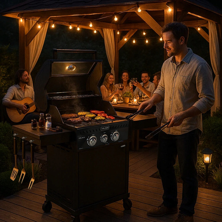 GRILL OGRODOWY GAZOWY Z POKRYWĄ I PÓŁKAMI ZEUS-A CZARNY RUSZT ŻELIWNY 8,5 KW + POKROWIEC