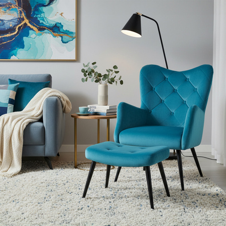 KRZESŁO FOTEL WELUROWY TAPICEROWANY Z PODNÓŻKIEM MARS TURKUSOWY NOGI CZARNE