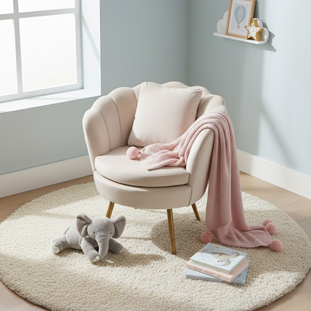 FOTEL KRZESŁO MUSZELKA WELUROWY TAPICEROWANY SAVA ECRU NOGI ZŁOTE