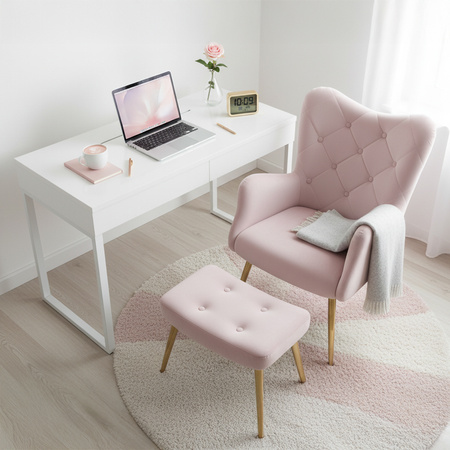 KRZESŁO FOTEL WELUROWY TAPICEROWANY Z PODNÓŻKIEM MARS PUDROWY RÓŻ NOGI ZŁOTE