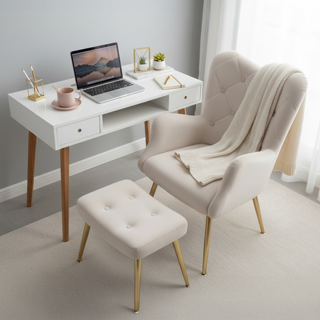 KRZESŁO FOTEL WELUROWY TAPICEROWANY Z PODNÓŻKIEM MARS ECRU NOGI ZŁOTE