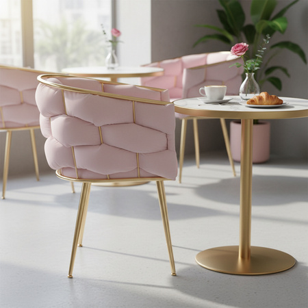 FOTEL KRZESŁO PLECIONE WELUROWE TAPICEROWANE BORNEO GLAMOUR PUDROWY RÓŻ NOGI ZŁOTE