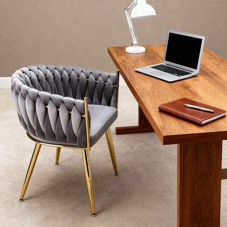 FOTEL KRZESŁO WELUROWY TAPICEROWANY RISO CIEMNY SZARY NOGI ZŁOTE