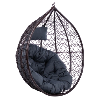 FOTEL OGRODOWY WISZĄCY KOKON DUŻY KOSZ KORFU BRĄZOWY BEZ PODSTAWY PODUSZKA OKRĄGŁA SZARA