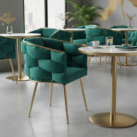 FOTEL KRZESŁO PLECIONE WELUROWE TAPICEROWANE BORNEO GLAMOUR ZIELONY NOGI ZŁOTE