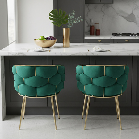 FOTEL KRZESŁO PLECIONE WELUROWE TAPICEROWANE BORNEO GLAMOUR ZIELONY NOGI ZŁOTE