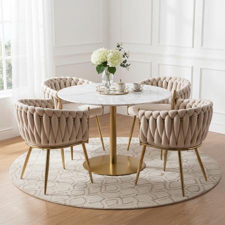 KRZESŁO FOTEL WELUROWY TAPICEROWANY RISO ECRU NOGI ZŁOTE