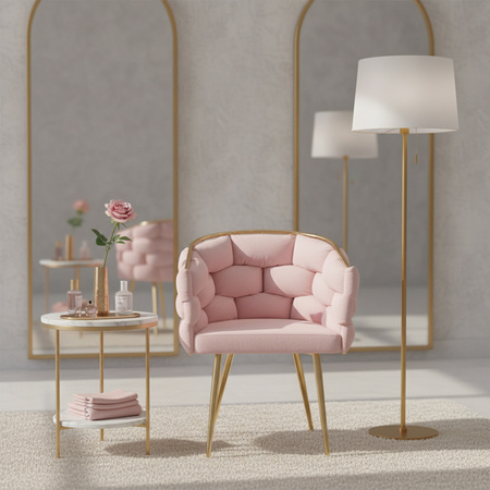 FOTEL KRZESŁO PLECIONE WELUROWE TAPICEROWANE BORNEO GLAMOUR PUDROWY RÓŻ NOGI ZŁOTE