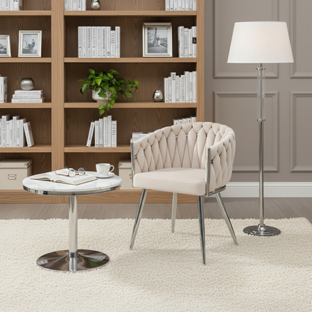 FOTEL KRZESŁO WELUROWE TAPICEROWANE RISO ECRU NOGI CHROM