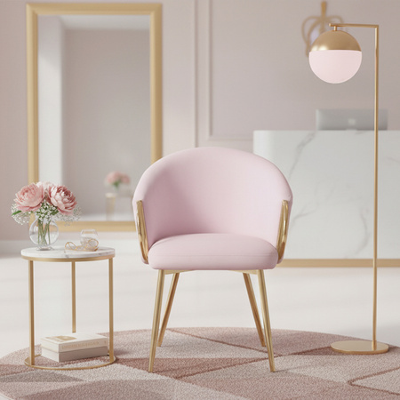 FOTEL KRZESŁO WELUROWE TAPICEROWANY METIS PUDROWY RÓŻ NOGI ZŁOTE