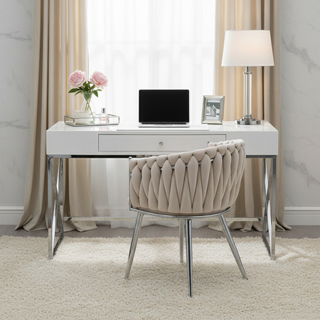 FOTEL KRZESŁO WELUROWE TAPICEROWANE RISO ECRU NOGI CHROM