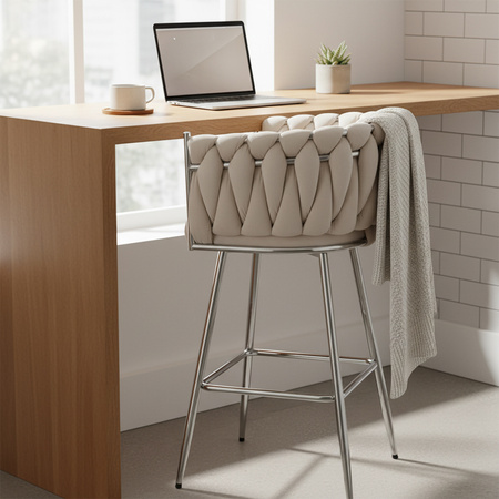 HOKER KRZESŁO BAROWE FERA ECRU WELUR NOGI CHROM