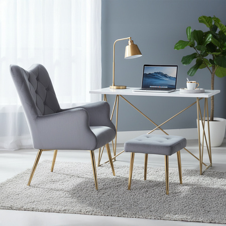 KRZESŁO FOTEL WELUROWY TAPICEROWANY Z PODNÓŻKIEM MARS CIEMNOSZARY NOGI ZŁOTE