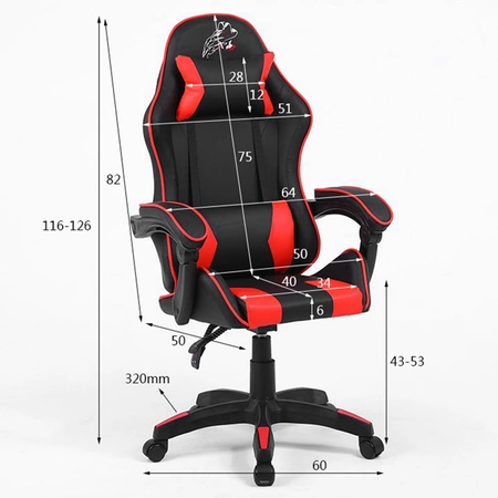 FOTEL GAMINGOWY BIUROWY OBROTOWY ZING-B CZARNY OBSZYCIE CZERWONE SKÓRA PU