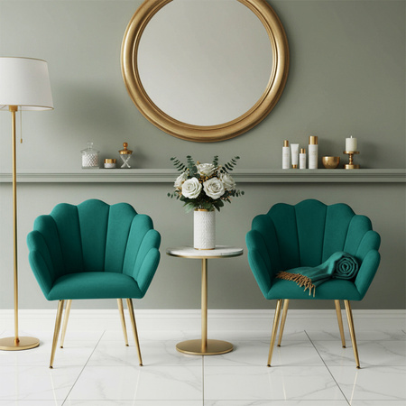 FOTEL KRZESŁO WELUROWE TAPICEROWANE TINA ZIELONY NOGI ZŁOTE