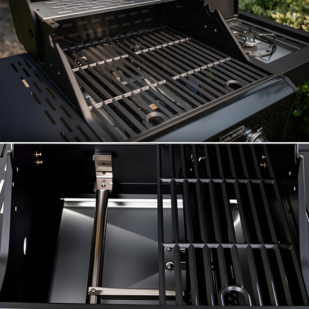 GRILL OGRODOWY GAZOWY Z POKRYWĄ I PÓŁKAMI ZEUS-A CZARNY RUSZT ŻELIWNY 8,5 KW + POKROWIEC