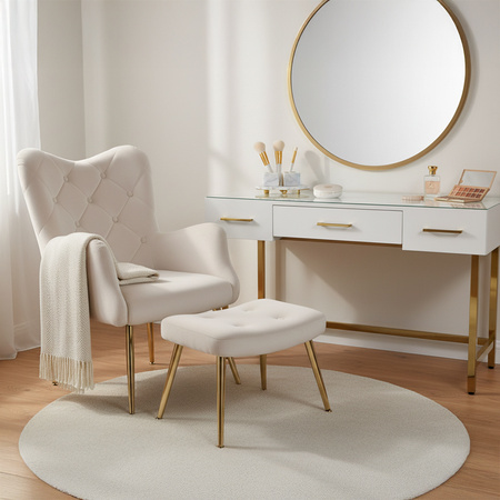 KRZESŁO FOTEL WELUROWY TAPICEROWANY Z PODNÓŻKIEM MARS ECRU NOGI ZŁOTE