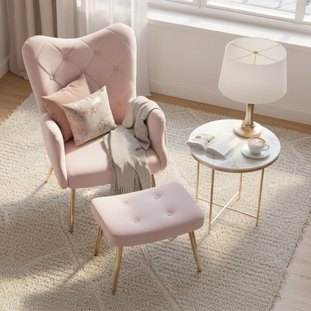 KRZESŁO FOTEL WELUROWY TAPICEROWANY Z PODNÓŻKIEM MARS PUDROWY RÓŻ NOGI CZARNE