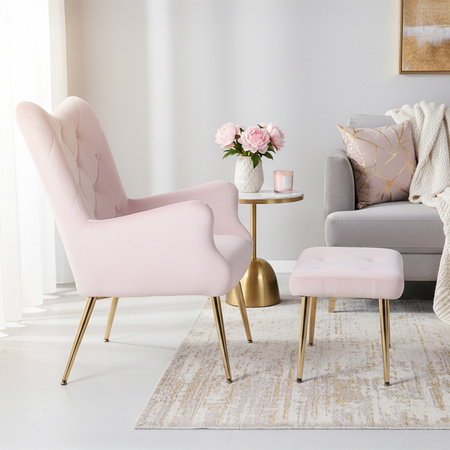 KRZESŁO FOTEL WELUROWY TAPICEROWANY Z PODNÓŻKIEM MARS PUDROWY RÓŻ NOGI ZŁOTE