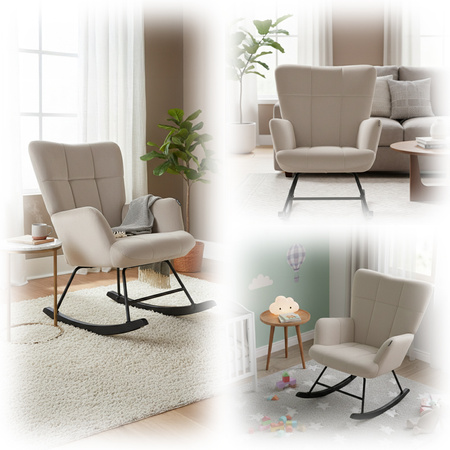 FOTEL KRZESŁO BUJANE USZAK WELUROWE TAPICEROWANE ARUBA BEŻOWY NOGI CZARNE