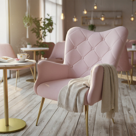 KRZESŁO FOTEL WELUROWY TAPICEROWANY Z PODNÓŻKIEM MARS PUDROWY RÓŻ NOGI ZŁOTE