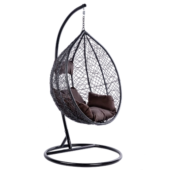 FOTEL OGRODOWY WISZĄCY KOKON DUŻY KOSZ KORFU CZARNY Z PODSTAWĄ PODUSZKA BRĄZOWA