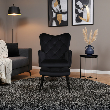 KRZESŁO FOTEL WELUROWY TAPICEROWANY Z PODNÓŻKIEM MARS CZARNY NOGI CZARNE