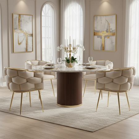 FOTEL KRZESŁO PLECIONE WELUROWE TAPICEROWANE BORNEO GLAMOUR ECRU NOGI ZŁOTE