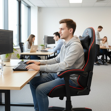 FOTEL GAMINGOWY BIUROWY OBROTOWY ZING-B CZARNY OBSZYCIE CZERWONE SKÓRA PU