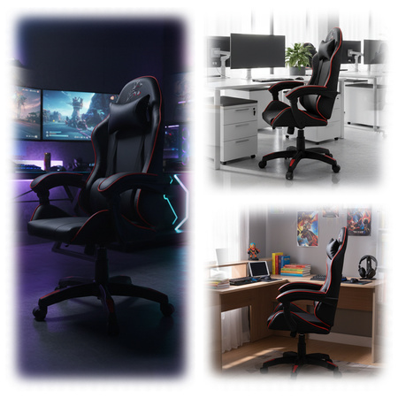 FOTEL GAMINGOWY BIUROWY OBROTOWY ZING-B CZARNY OBSZYCIE CZERWONE SKÓRA PU