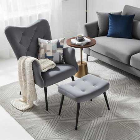 KRZESŁO FOTEL WELUROWY TAPICEROWANY Z PODNÓŻKIEM MARS CIEMNOSZARY NOGI CZARNE