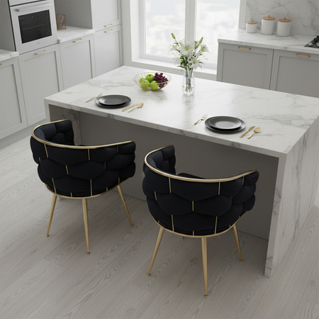 FOTEL KRZESŁO PLECIONE WELUROWE TAPICEROWANE BORNEO GLAMOUR CZARNY NOGI ZŁOTE