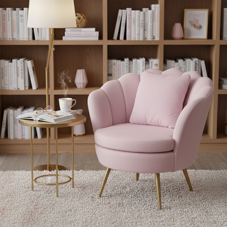 FOTEL KRZESŁO MUSZELKA WELUROWY TAPICEROWANY SAVA PUDROWY RÓŻ NOGI ZŁOTE