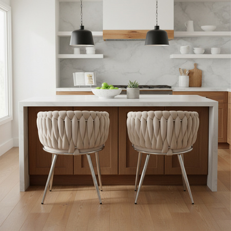 FOTEL KRZESŁO WELUROWE TAPICEROWANE RISO ECRU NOGI CHROM