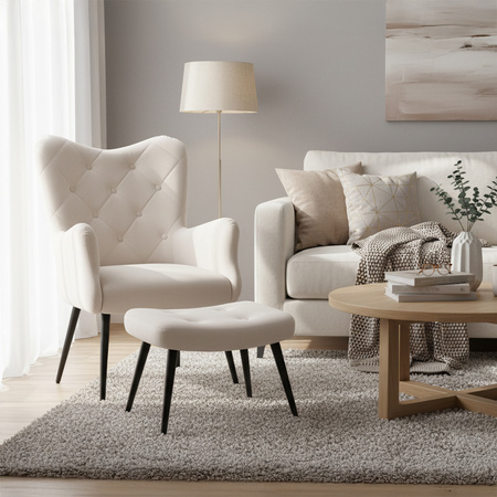 KRZESŁO FOTEL WELUROWY TAPICEROWANY Z PODNÓŻKIEM MARS ECRU NOGI CZARNE