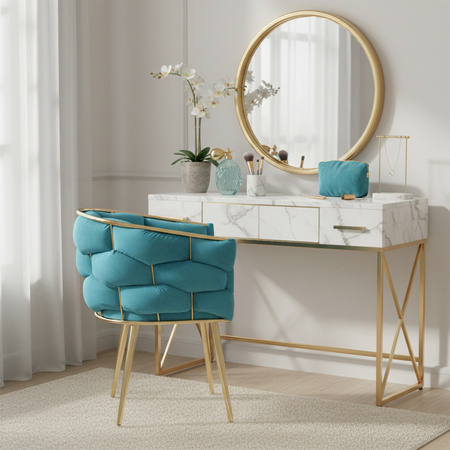 FOTEL KRZESŁO PLECIONE WELUROWE TAPICEROWANE GLAMOUR BORNEO TURKUSOWY NOGI ZŁOTE