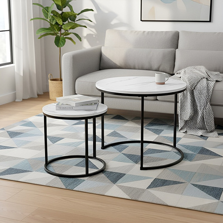 STOLIK KAWOWY OKRĄGŁY BIAŁY MARMUROWY NOWOCZESNY ZESTAW STOLIKÓW DO SALONU TIG-1-MAR-WH-BL-60