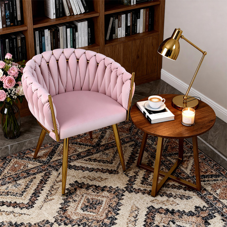 FOTEL KRZESŁO WELUROWE TAPICEROWANE RISO PUDROWY RÓŻ NOGI ZŁOTE