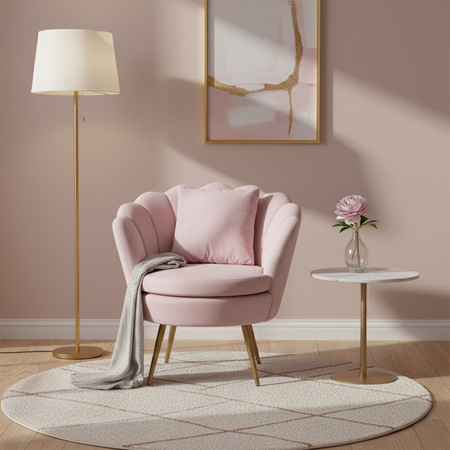 FOTEL KRZESŁO MUSZELKA WELUROWY TAPICEROWANY SAVA PUDROWY RÓŻ NOGI ZŁOTE