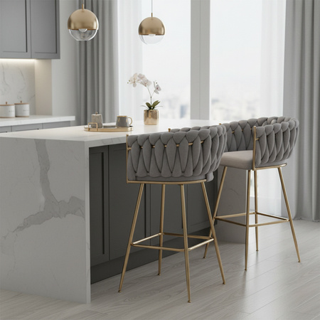 HOKER KRZESŁO BAROWE FERA SZARY WELUR NOGI ZŁOTE