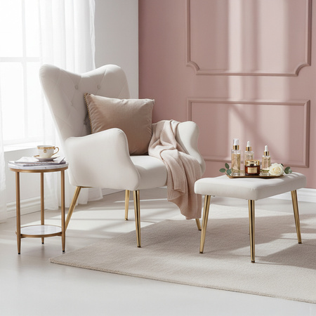 KRZESŁO FOTEL WELUROWY TAPICEROWANY Z PODNÓŻKIEM MARS ECRU NOGI ZŁOTE