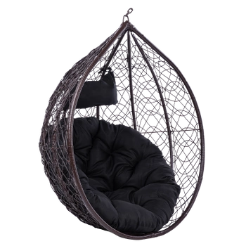 FOTEL OGRODOWY WISZĄCY KOKON DUŻY KOSZ KORFU BRĄZOWY BEZ PODSTAWY PODUSZKA OKRĄGŁA CZARNA