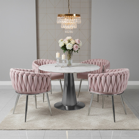 FOTEL KRZESŁO WELUROWE TAPICEROWANE RISO PUDROWY RÓŻ NOGI CHROM