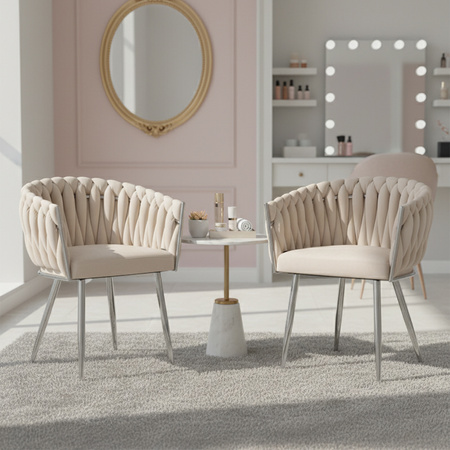 FOTEL KRZESŁO WELUROWE TAPICEROWANE RISO ECRU NOGI CHROM