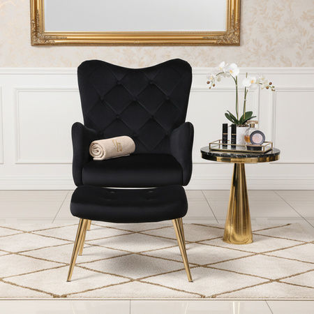 KRZESŁO FOTEL WELUROWY TAPICEROWANY Z PODNÓŻKIEM MARS CZARNY NOGI ZŁOTE